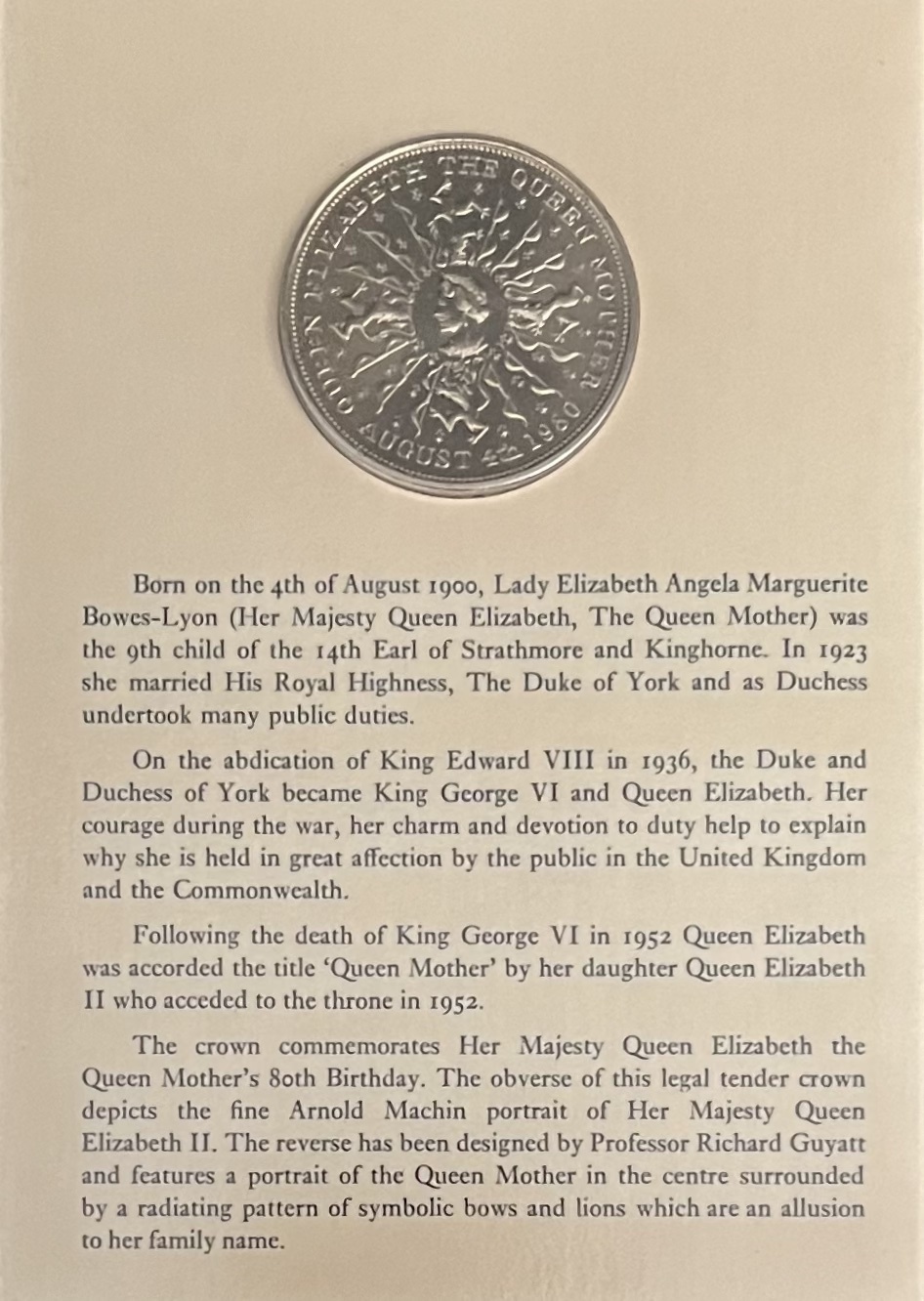 1980 Crown Commemorating the 80th Birthday of the Queen Mother
