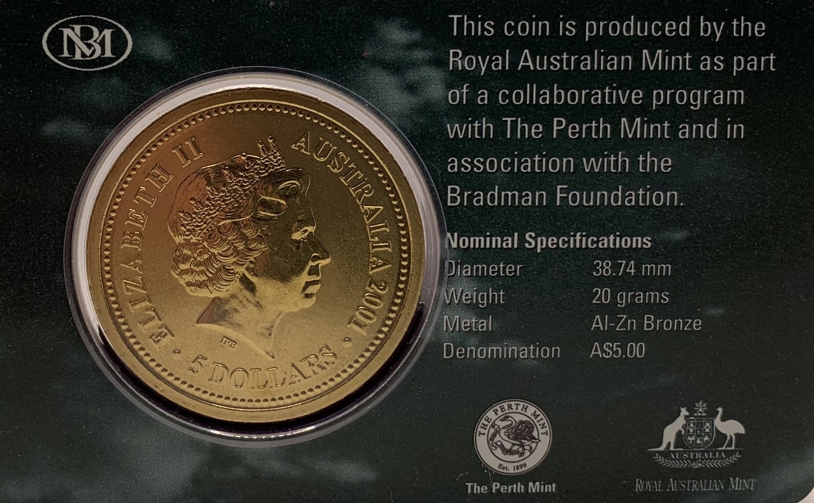 2001 $5 Sir Donald Bradman 1908-2001 Gold Coin