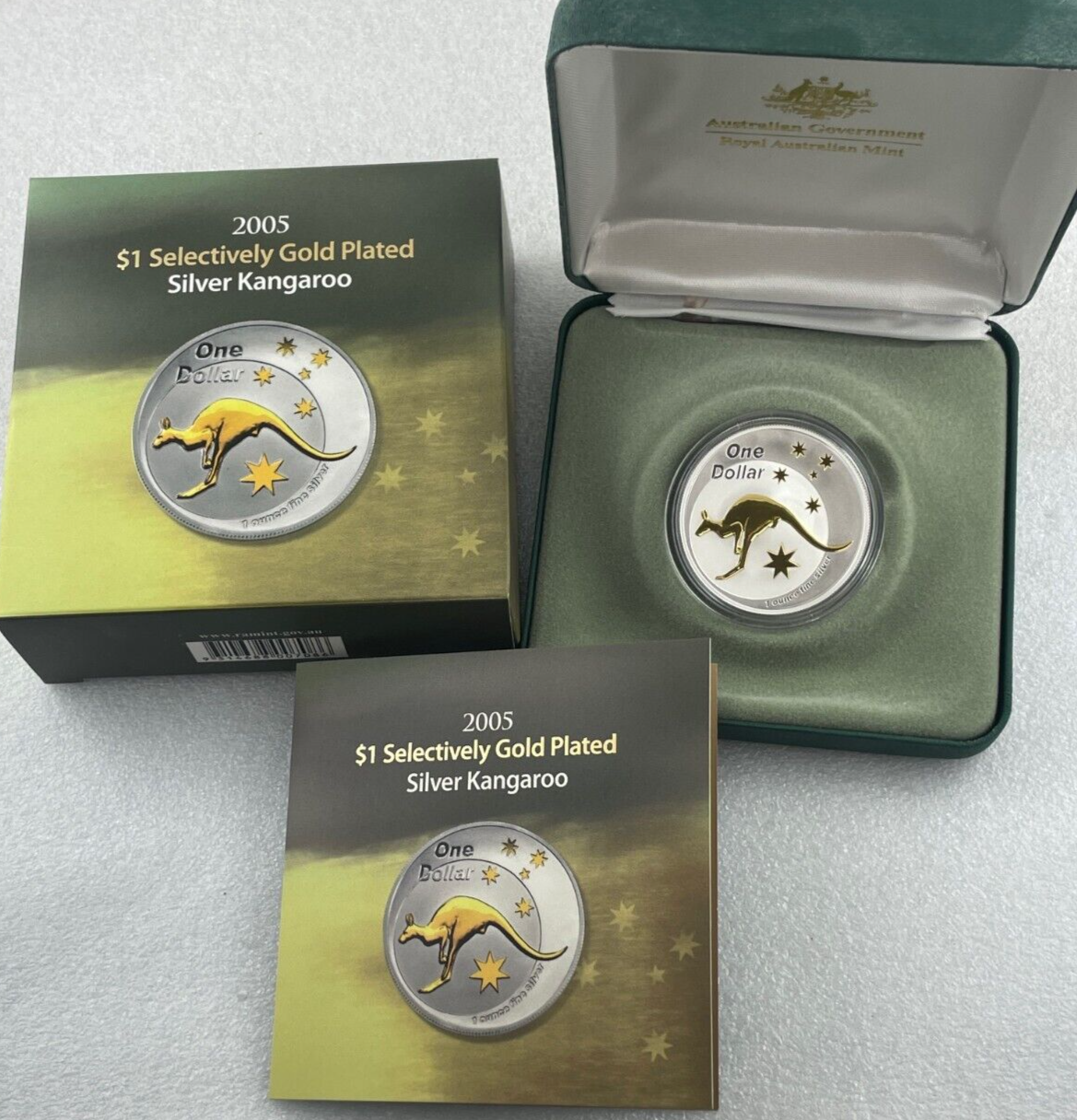 $1 2005 Kangaroo Selectively Gold Plated 1oz 99.9% Silver