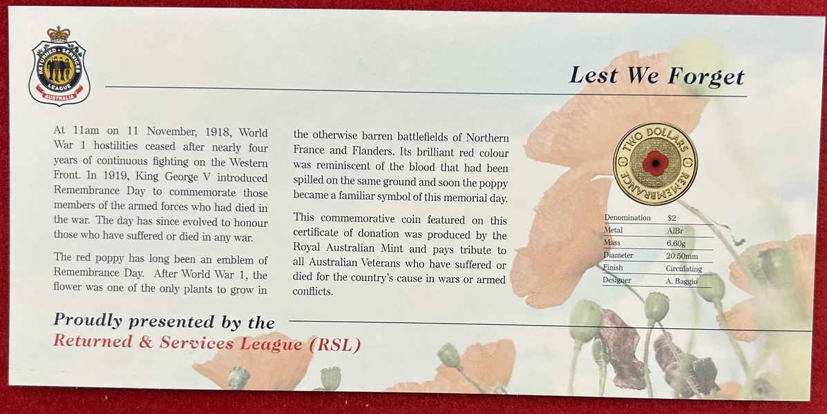 2012 $2 Lest We Forget Red Poppy Coloured Coin on RSL Card