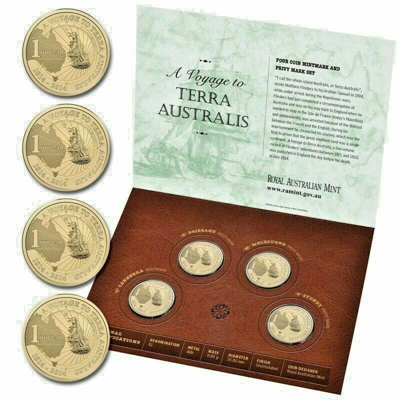 2014 - A voyage to Terra Australis 4X $1 Mintmark set One Dollar