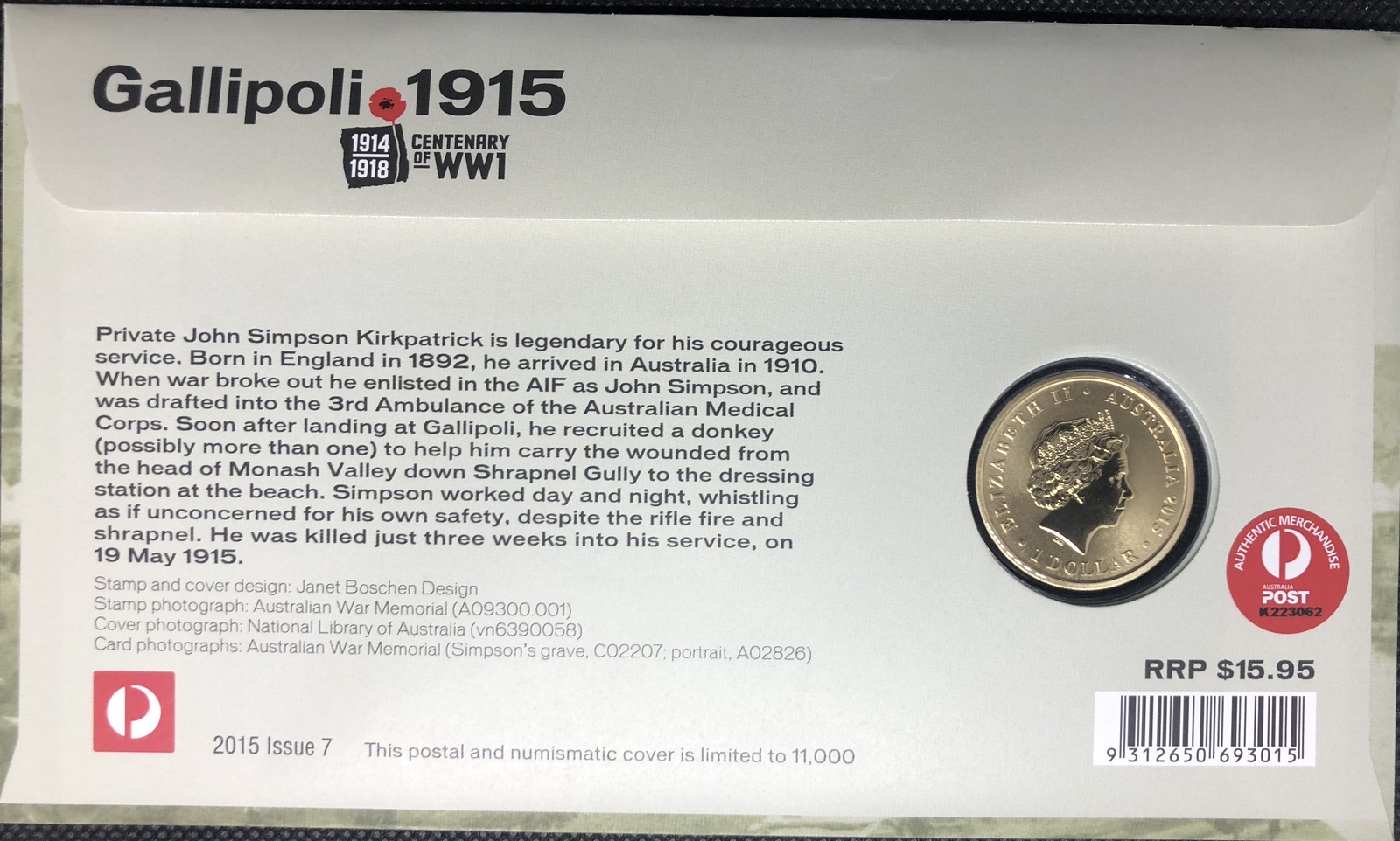 2015 $1 PNC Gallipoli 1915