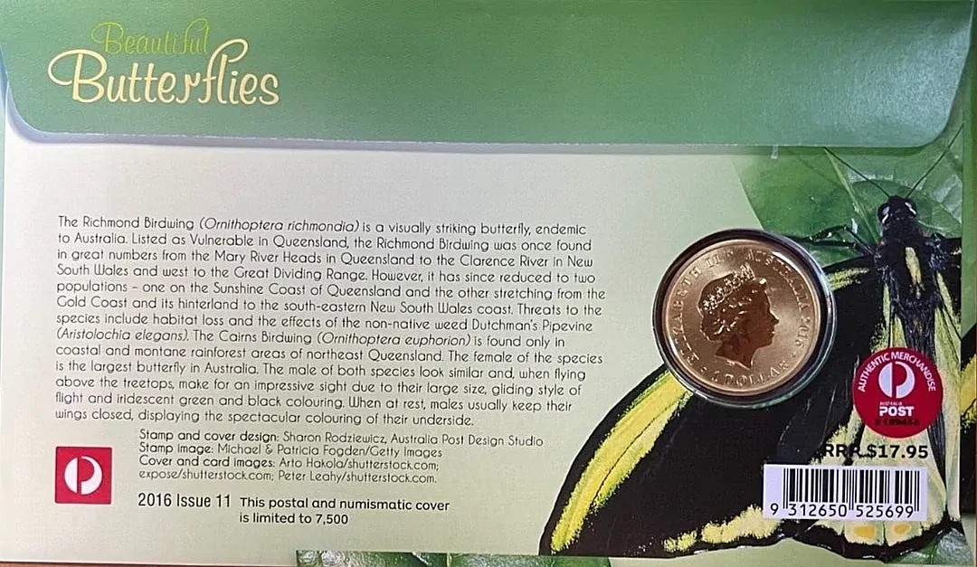 2016 $1 Beautiful Butterflies Richard Birdwing PNC