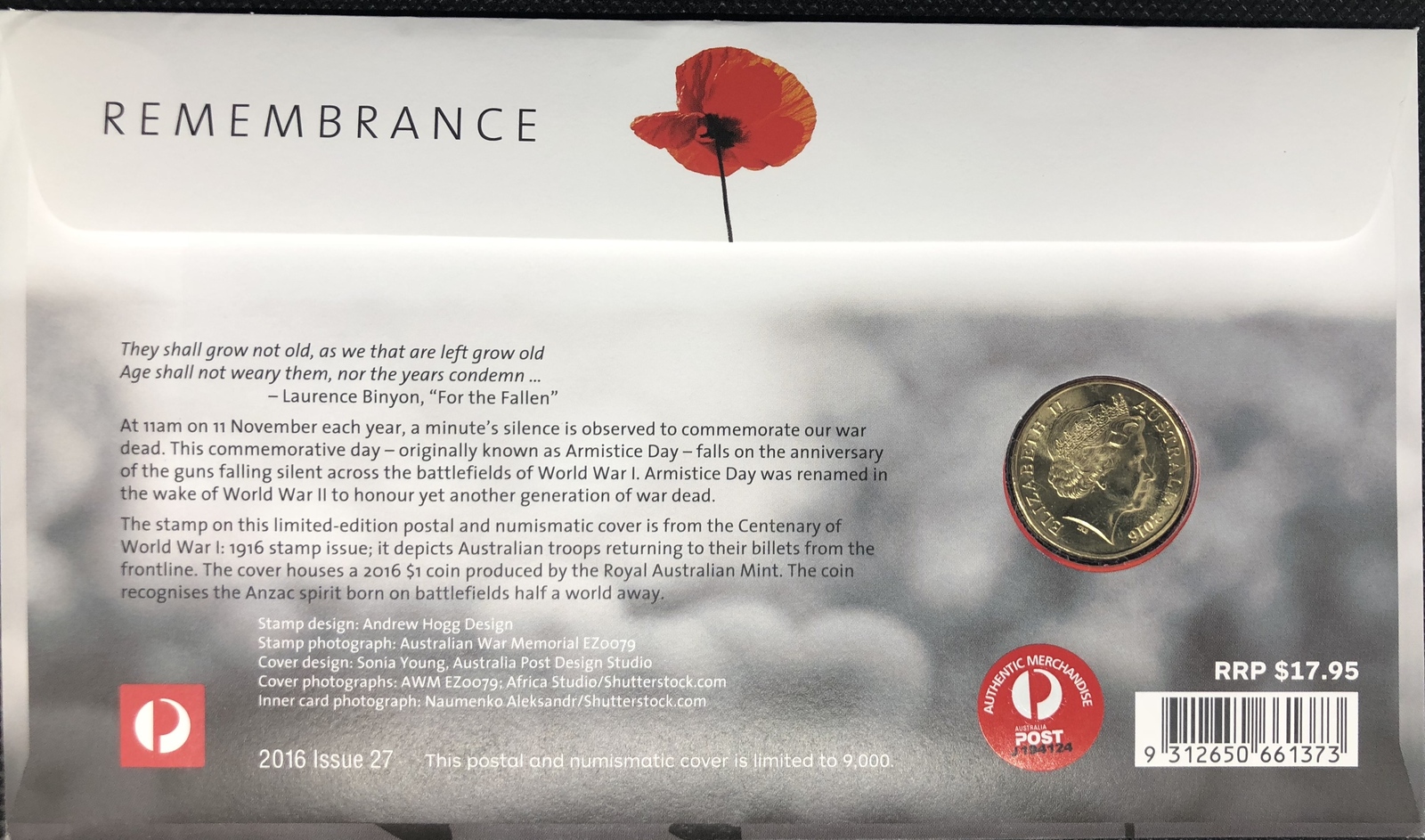 2016 PNC $1 Remembrance 100 years of ANZAC dollar 