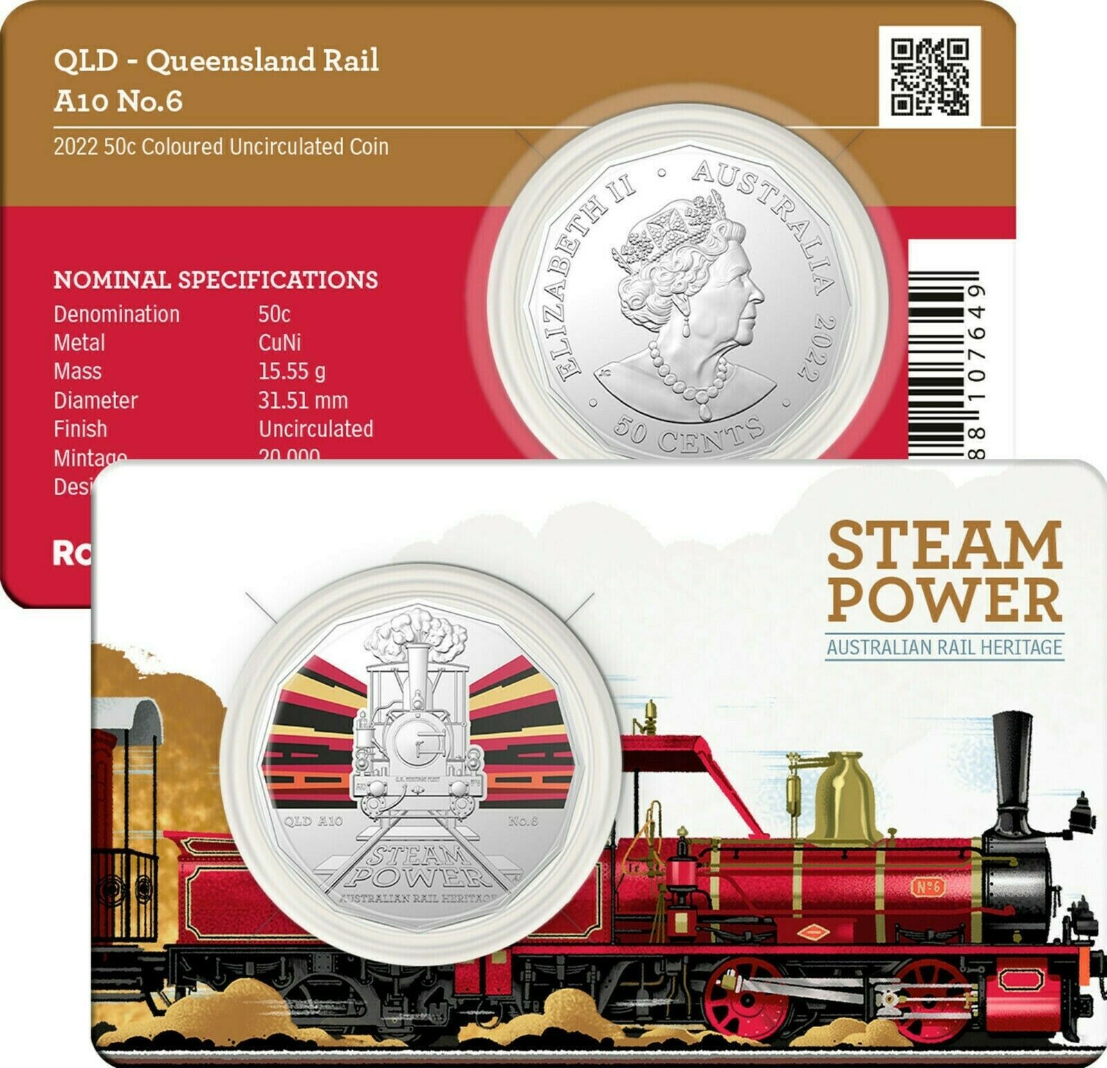 2022 50c Steam Power Train QLD A10 No.6 in Mint Card