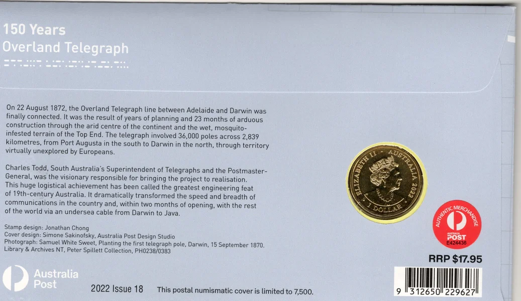 2022 $1 150 Year of Overland Telegraph PNC (Numismatic Society of SA)