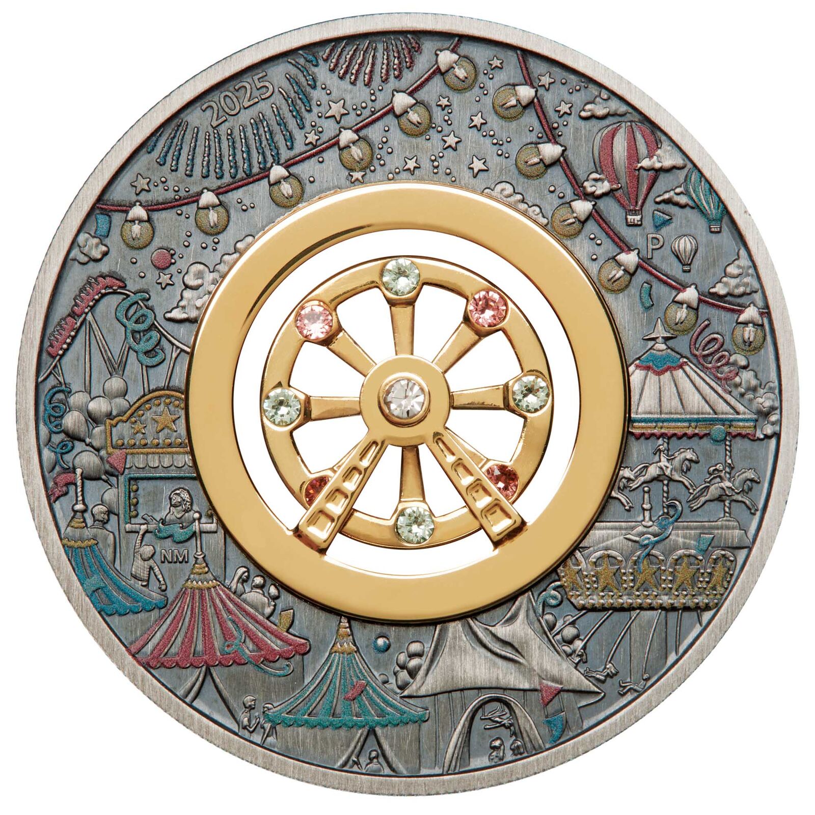 2025 2oz Ferris Wheel Swarovski Silver Antiqued Coloured Coin