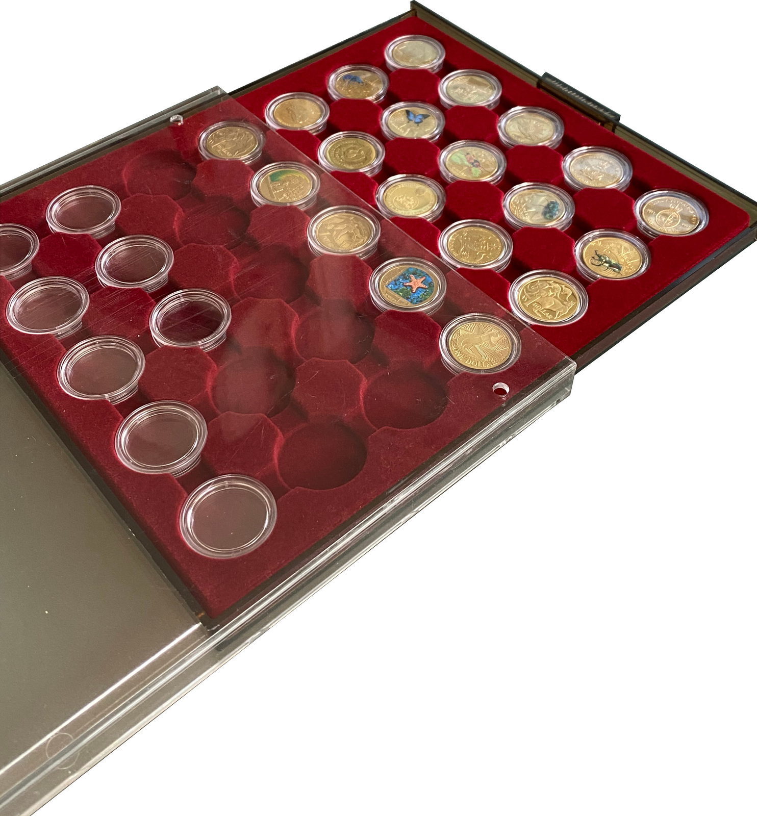 $1 Coin Box 35 compartments for CAPSULES 25 +26mm, smoke coloured