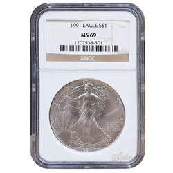 1991 1oz American Silver Eagle MS69 NGC Graded 