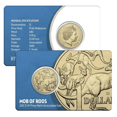 2015 $1 Mob of Roos : 'M' Privy Mark Pocket Collector Card (ANDA Melbourne)