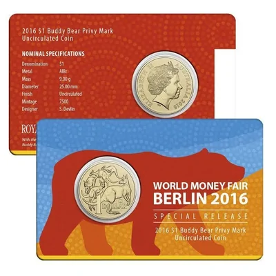 2016 $1 World Money Fair Berlin "Buddy Bear" Privy Mark