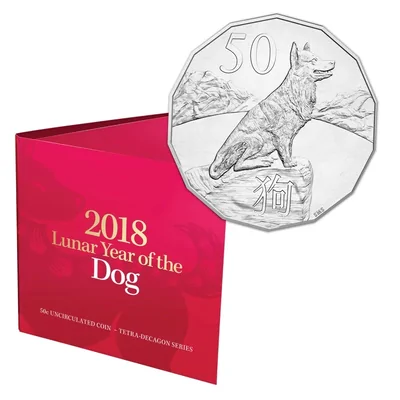 2018 50c Lunar Year of the Dog - Tetra-decagon Coin in Folded Display Card
