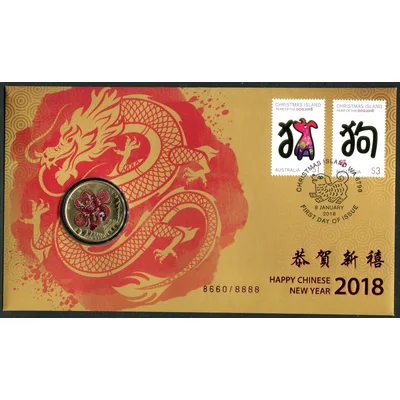2018 $1 Year of The Dog Christmas Island PNC with coloured DRAGON coin