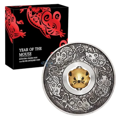 2020 1oz Year of the Rat/Mouse - Rotating Charm Silver Antiqued Coin