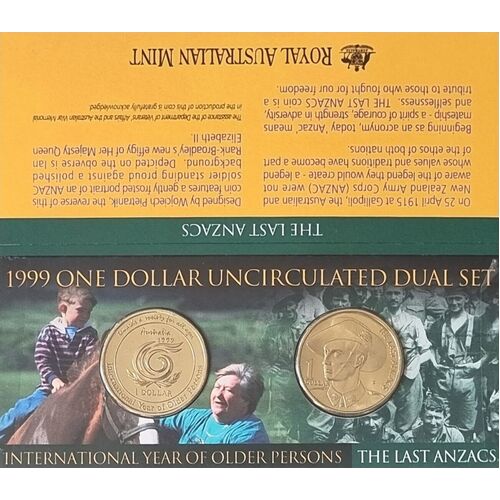 1999 $1 International Older Persons/The Last Anzacs Dual Coin Set