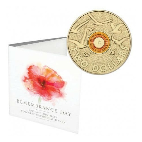 2015 $2 C Mintmark Remembrance Day Orange Coloured Two Dollars
