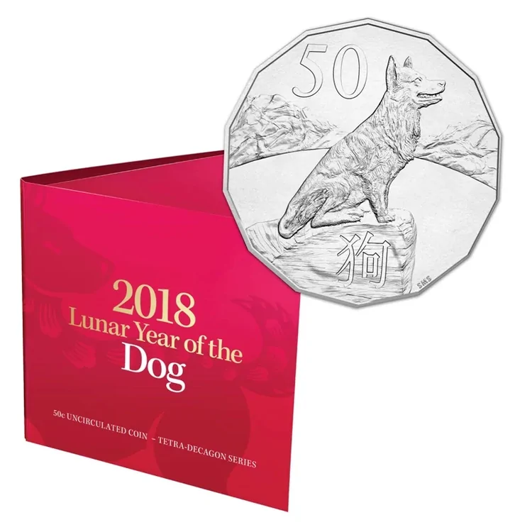 2018 50c Lunar Year of the Dog - Tetra-decagon Coin in Folded Display Card