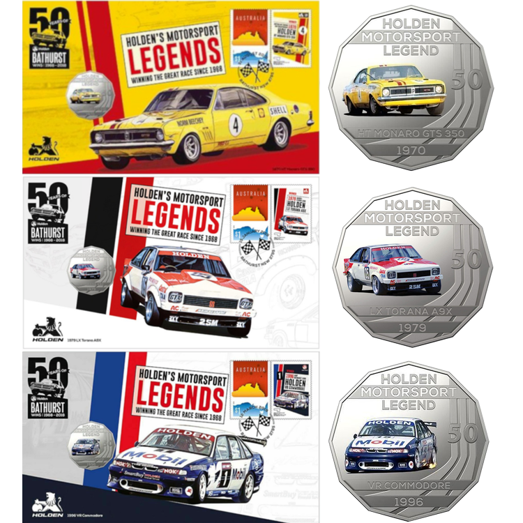 2018 50c 50 yrs of Bathurst Wins - Holden's Motorsport Legends - set of 6x PNCs