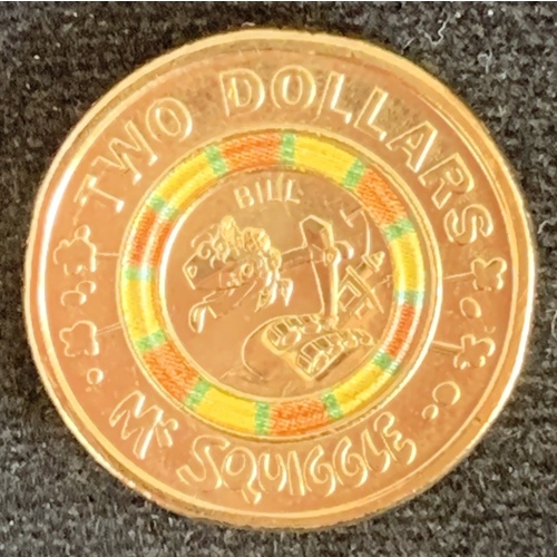 2019, $2 Mr Squiggle, Bill, Orange & Yellow Coloured Coin in a 2X2