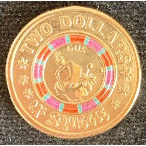 2019, $2 Mr Squiggle, Gus, Red & Green Coloured Coin in a 2X2, Round