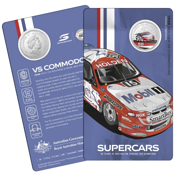 2020 50c 60 Years of Supercars - 1998 Holden VS Commodore - Craig Lowndes Presentation Card