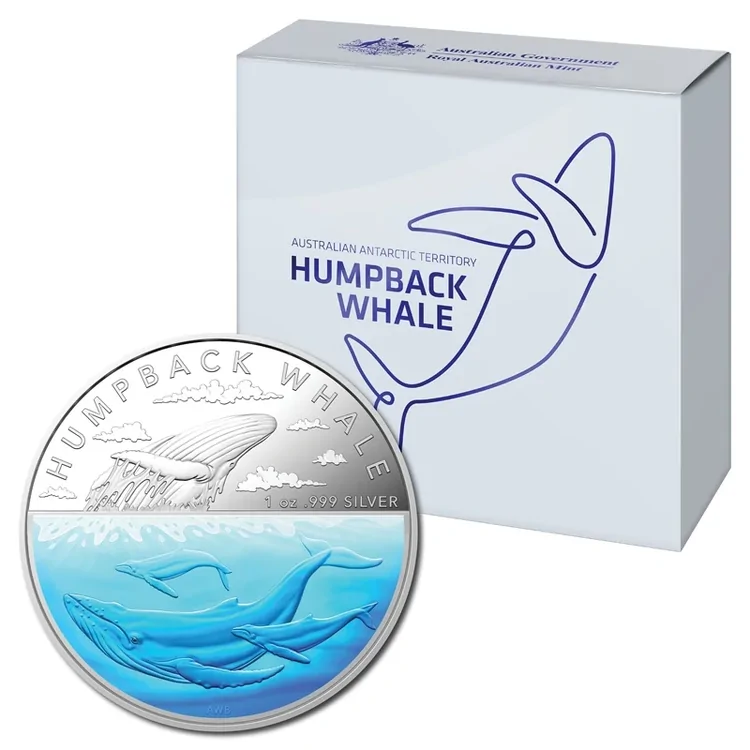 2023 1oz Silver - Australian Antarctic Territory Humpback Whale Coloured Coin in Box