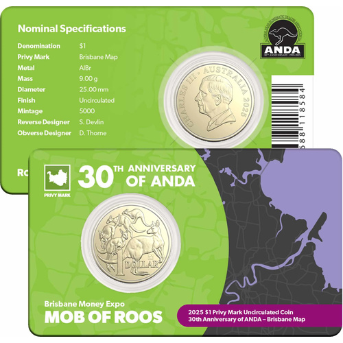 2025 $1 30th Anniversary of ANDA Brisbane Money Expo - Mob of Roos Privy Mark