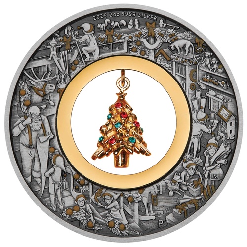 Santa's Workshop 2025 2oz Silver Antiqued Coloured Coin